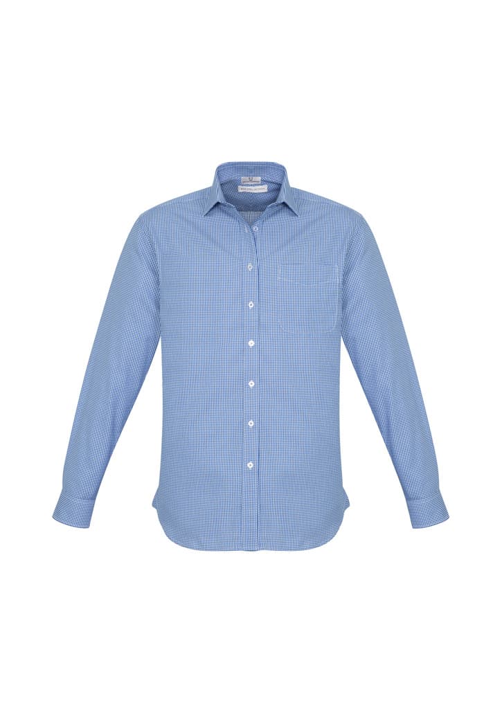 A blue and white striped long sleeve button-up shirt with a chest pocket and a logo on the label.