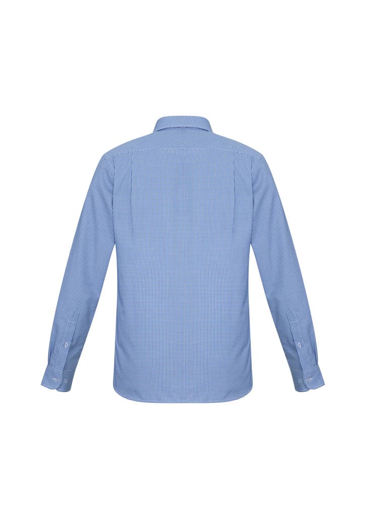 A blue and white striped long sleeve button-up shirt with a collar and logo on the back.