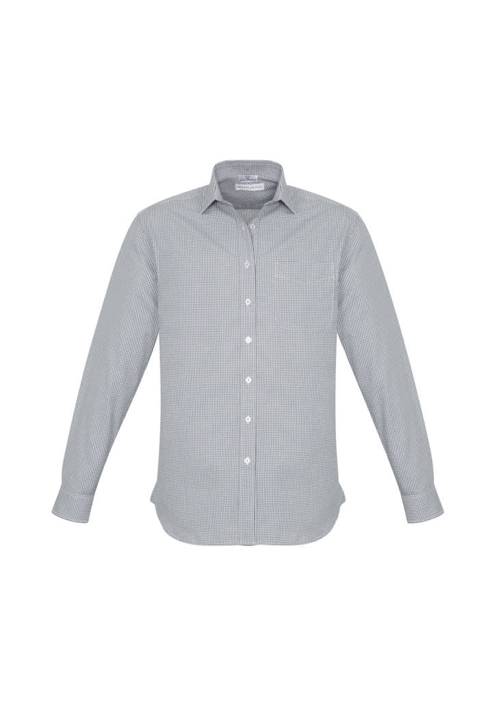 A long sleeve button-up shirt in a green and white striped pattern, featuring a logo on the chest.