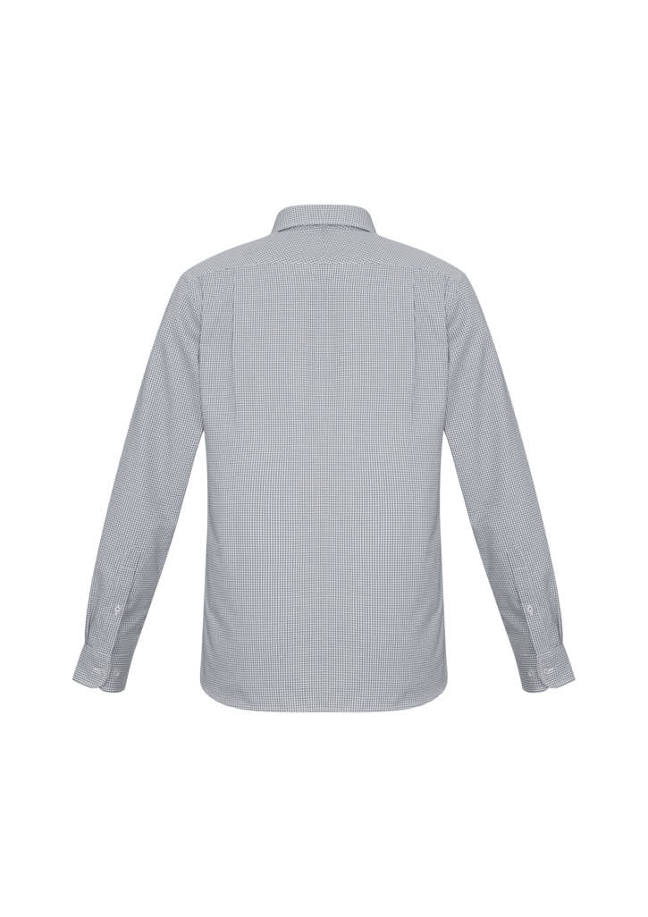 A long sleeve button-up shirt in a grey houndstooth pattern, featuring a collar and buttoned cuffs.