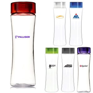 A drink bottle collection featuring various designs and colours, including clear plastic with red, green, blue, and purple lids.