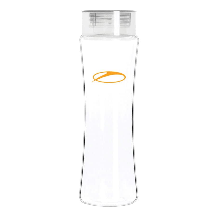 A drink bottle made of clear Tritan with a transparent design and a silver lid. It features a small logo.