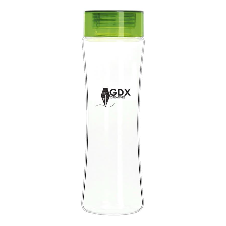 A drink bottle with a transparent body and a green screw-on lid, featuring a logo.