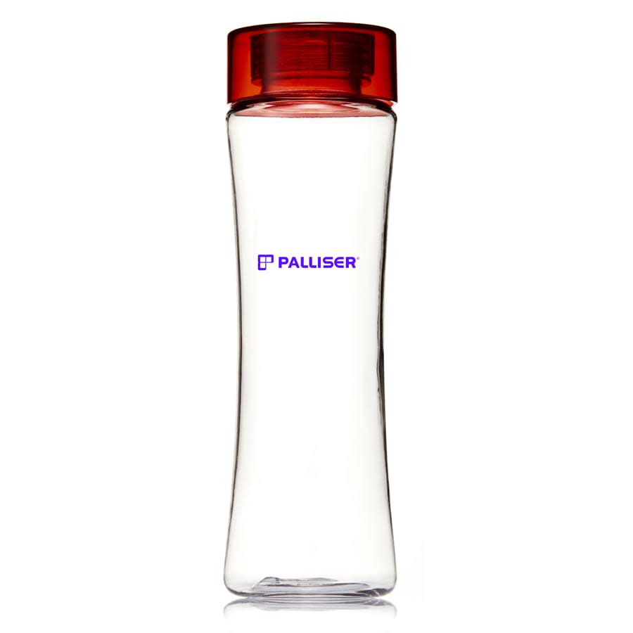 A drink bottle in clear plastic with a red lid, featuring a logo on the side.