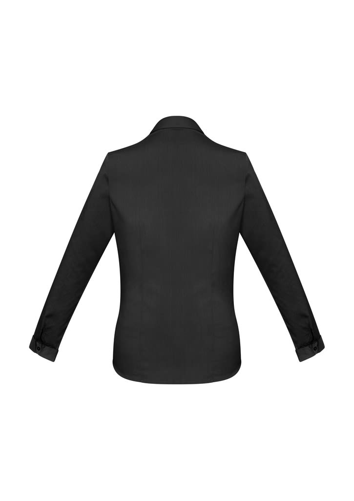 A women's long sleeve button-up shirt in black, featuring a classic collar and button cuffs.