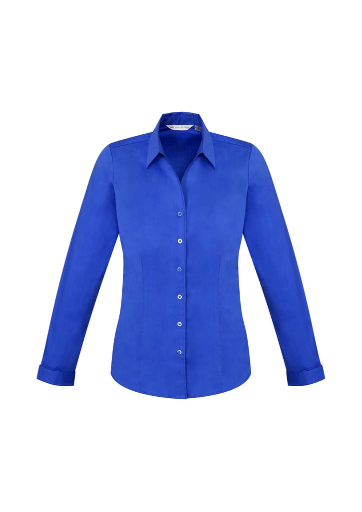 A blue women's button-up shirt with long sleeves and a fitted design, featuring a collar and buttons down the front.