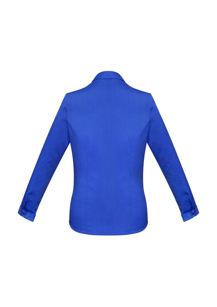 A vibrant blue women's long sleeve button-up shirt featuring a sleek design and a branded logo.