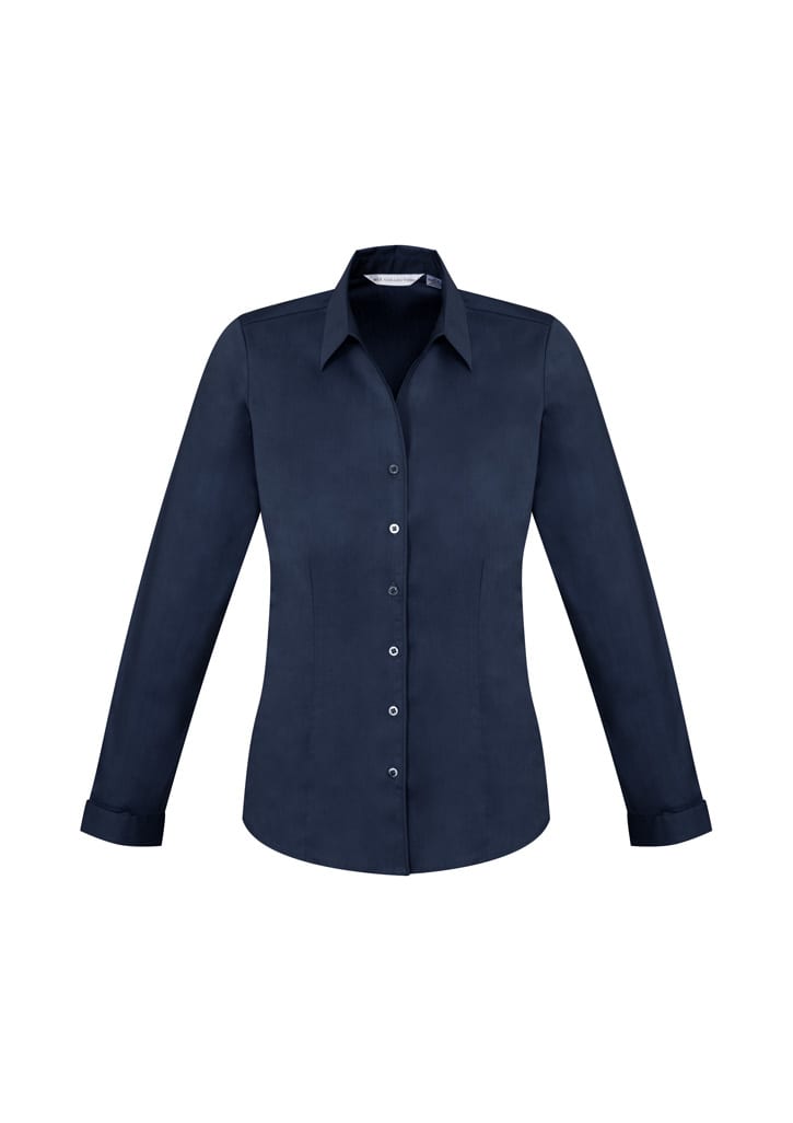 A navy women's button-up long sleeve shirt with a sleek design and a classic collar. It features a brand logo.