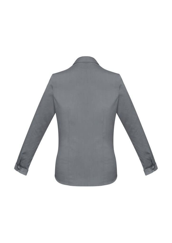A long-sleeve grey button-up shirt with a collar and cuffs, featuring a logo. View from the back.