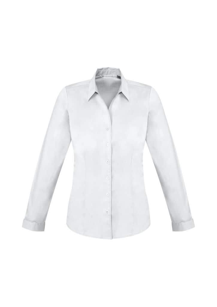 A white long sleeve button-up shirt with a fitted design and a collar. Features a logo on the shirt.