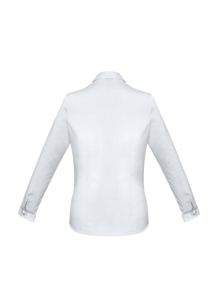 A white long sleeve button-up shirt with a collar and cuffs, featuring a branded logo.