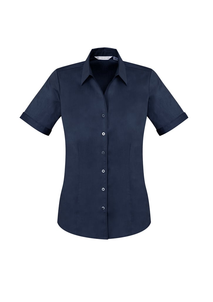 A navy blue short sleeve button-up shirt with a fitted design and a collar. It features a small logo.