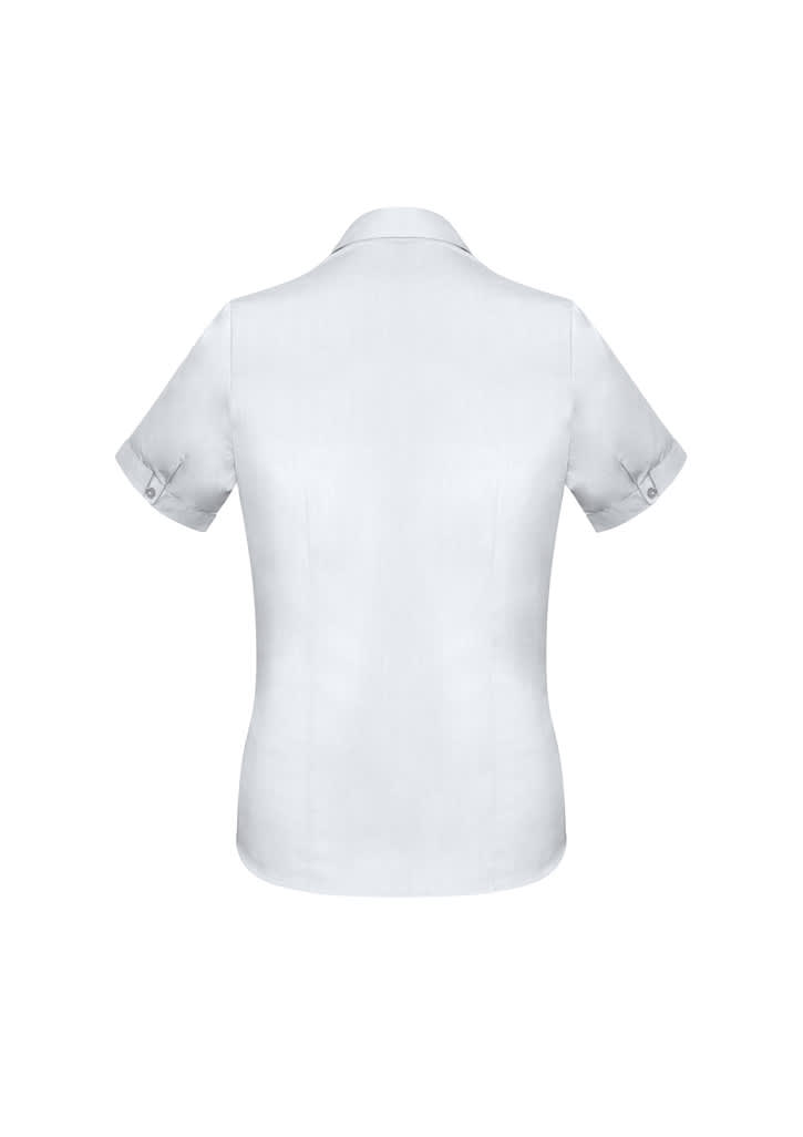 A white short sleeve button-up shirt with a fitted design and rolled sleeves, featuring a logo.