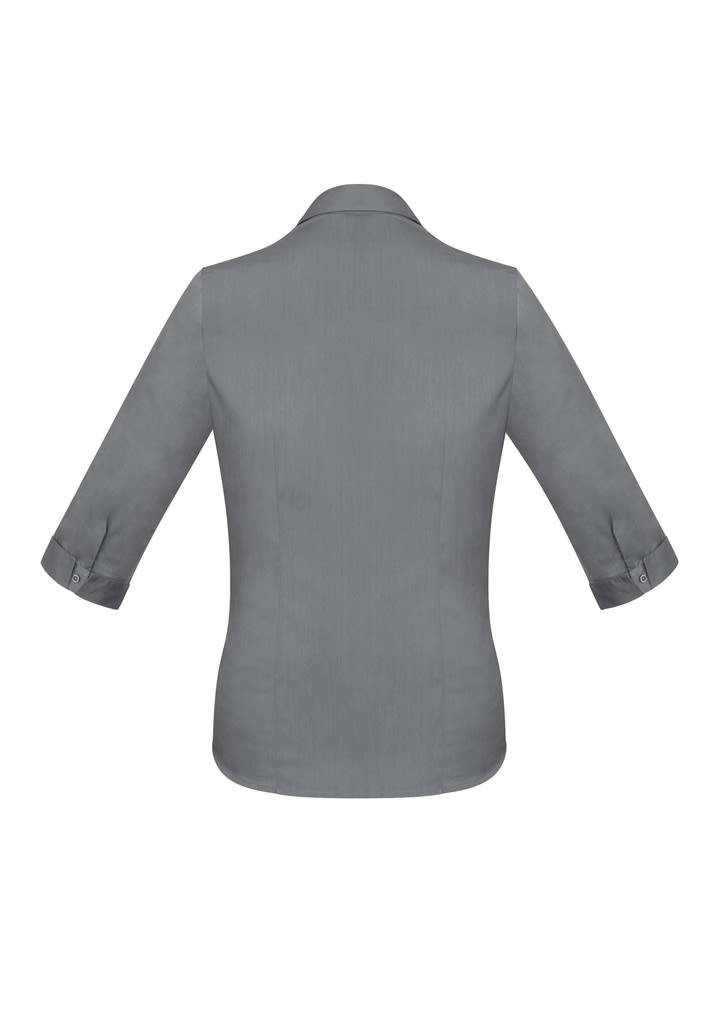 A grey Monaco Ladies 3/4 sleeve button-up shirt featuring a back view and cuffed sleeves.