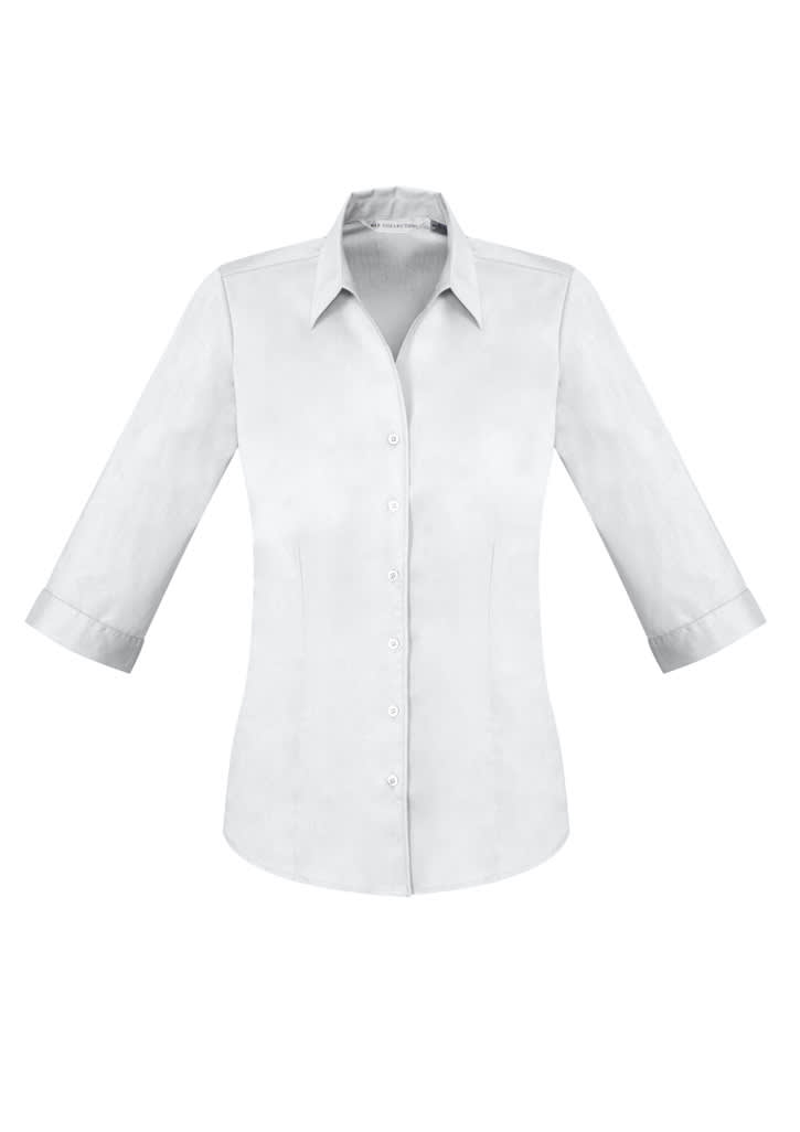 A light grey button-up shirt with 3/4 sleeves and a classic collar. It features a logo on the side.