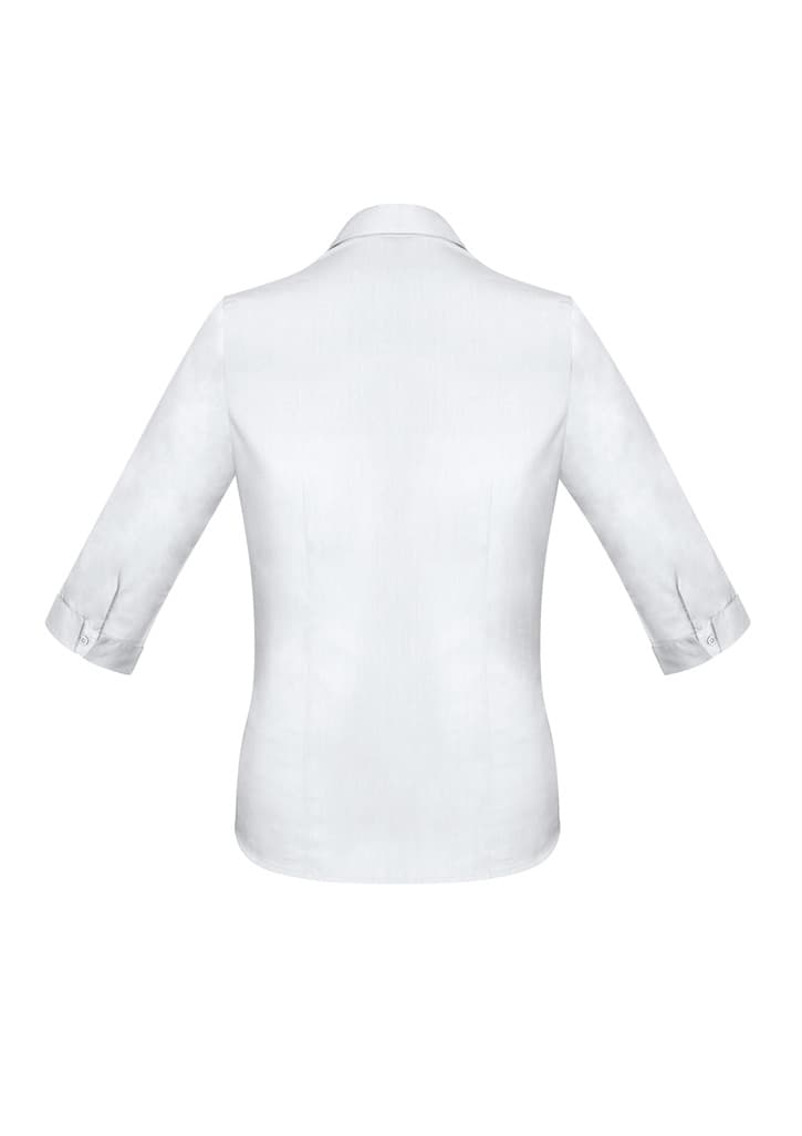 A white 3/4 sleeve button-up shirt with a collar and rolled cuffs, featuring a logo on the back.
