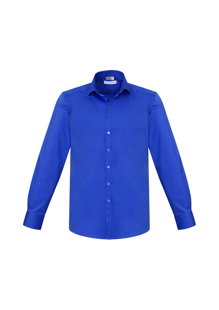 A blue long sleeve button-up shirt with a pocket and a collar, featuring a logo.