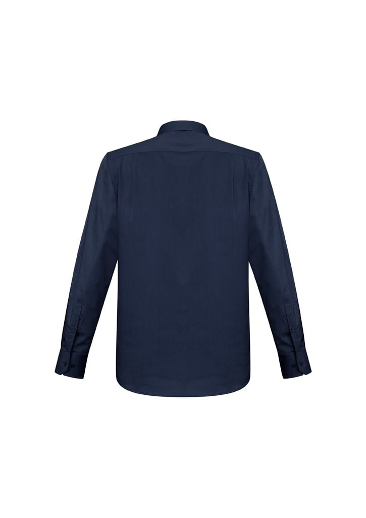 A navy long sleeve button-up shirt with a collared neck and buttoned cuffs, featuring a logo.