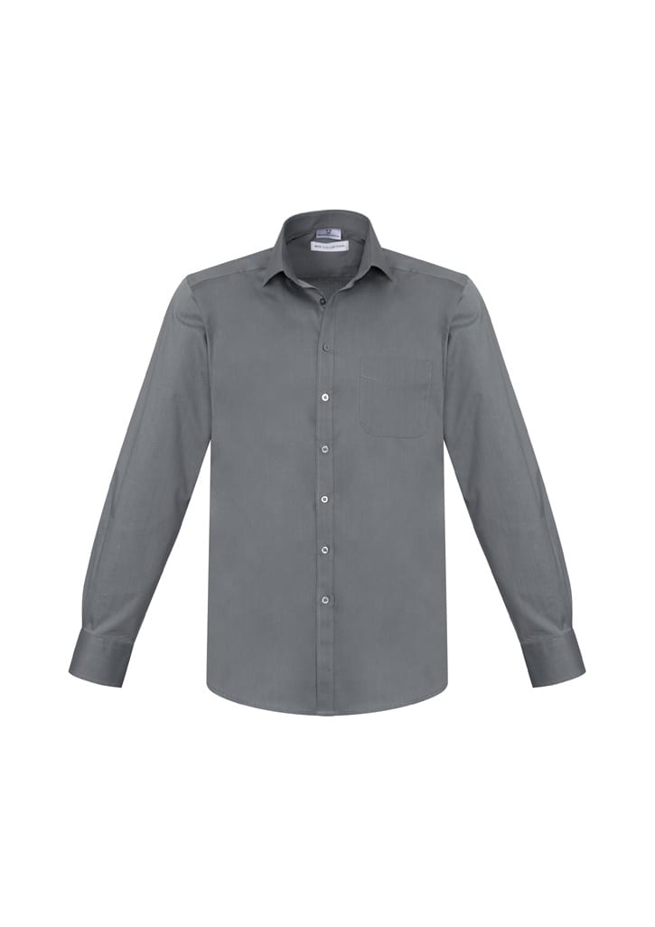 A grey long sleeve button-up shirt featuring a chest pocket and a logo on the shirt.