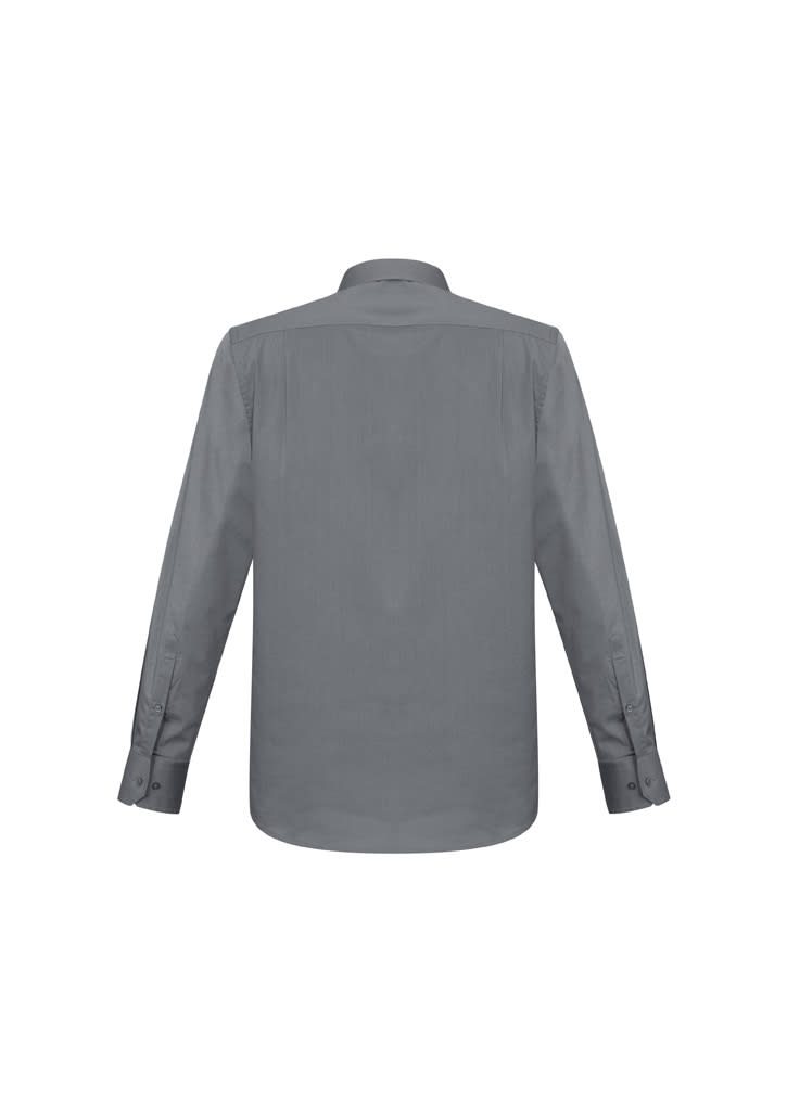 A grey long sleeve button-up shirt with a classic collar and buttoned cuffs, featuring a logo.