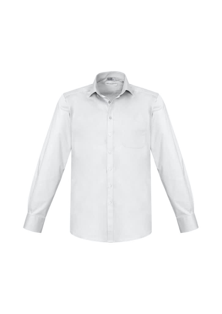 A white long sleeve button-up shirt with a collar and one chest pocket, featuring a logo.
