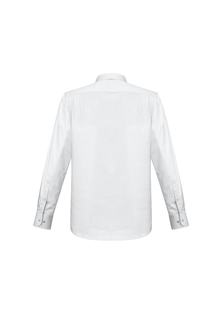 A white long sleeve button-up shirt featuring a classic collar and cuffs. The shirt has a logo on it.