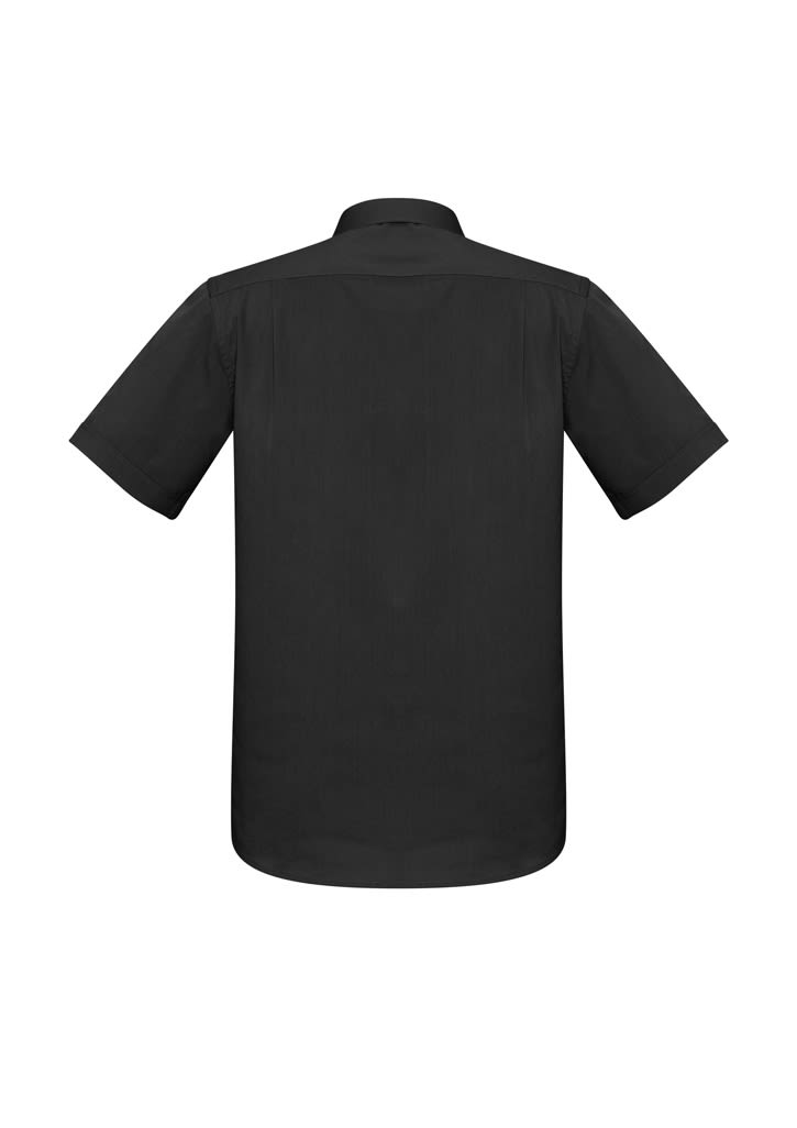 A black short sleeve button-up shirt featuring a back view and a logo.