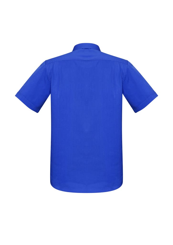 A blue short-sleeve button-up shirt with a back yoke and a logo.