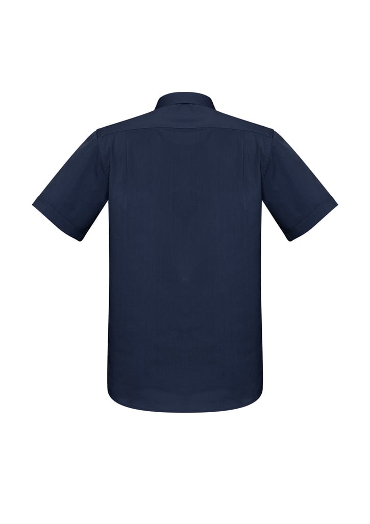 A navy short sleeve button-up shirt with a simple design and a logo on the back.