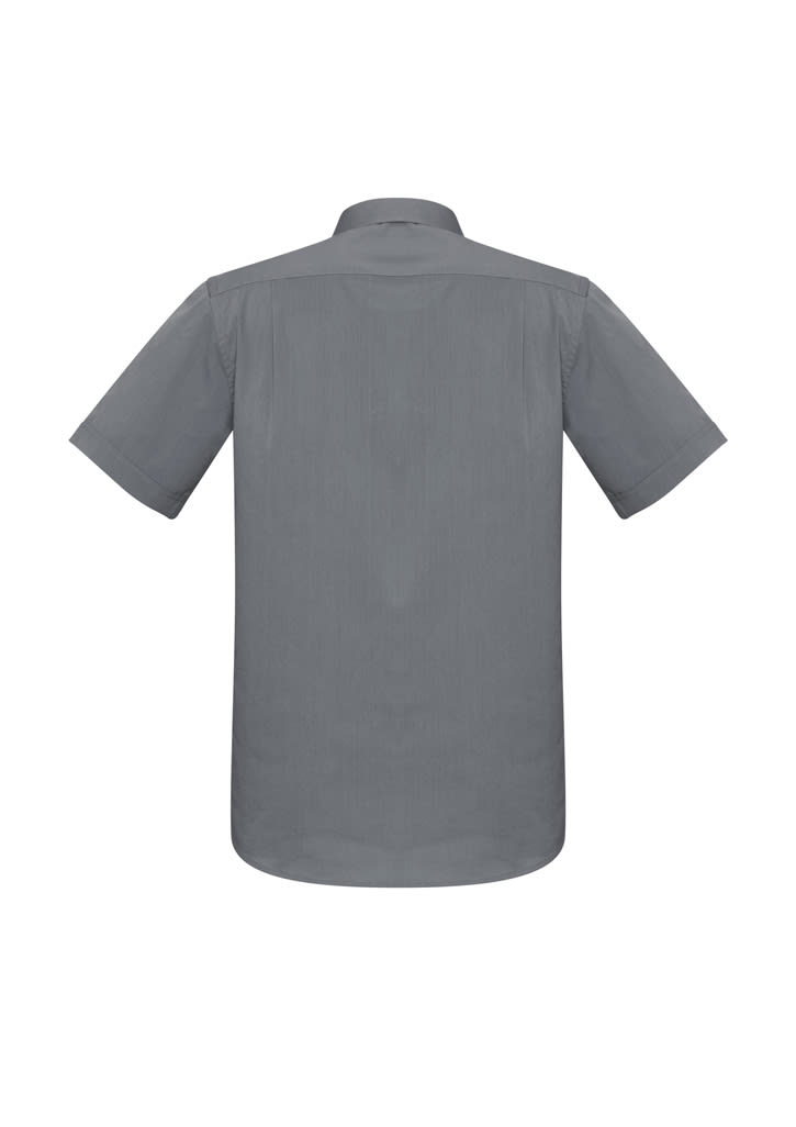 A grey short sleeve button-up shirt featuring a back view with a simple design and a logo.