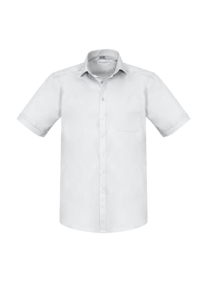 A light grey short sleeve button-up shirt with a chest pocket and a brand logo.