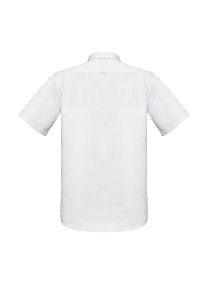 A short-sleeve, button-up shirt in white, featuring a back view and a logo detail.