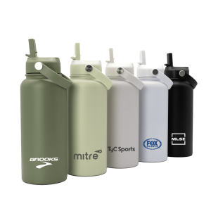 A drink bottle collection featuring five bottles in olive green, white, and black, each with a distinctive logo.
