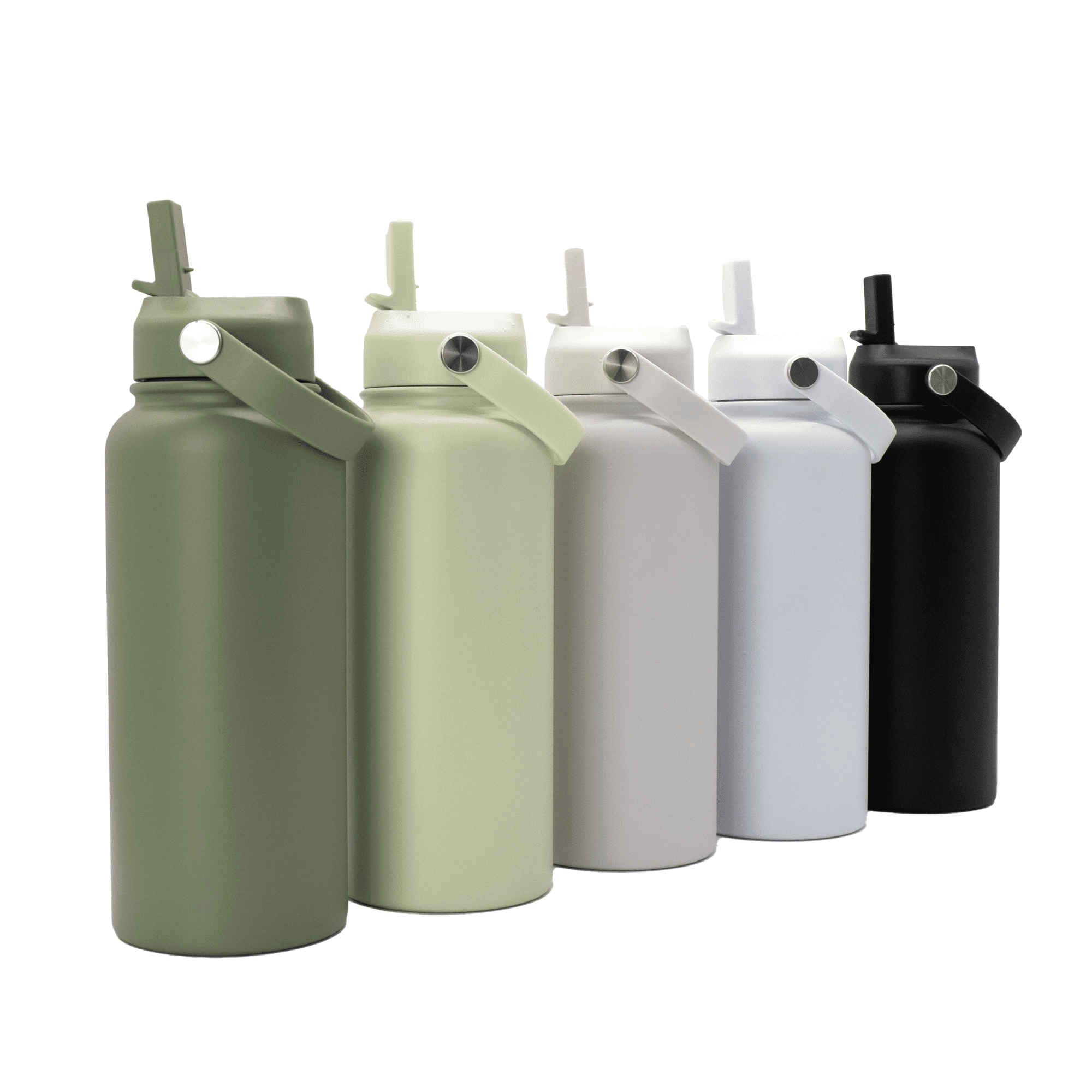 A drink bottle collection featuring olive green, light green, white, grey, and black models, each with a handle and logo.
