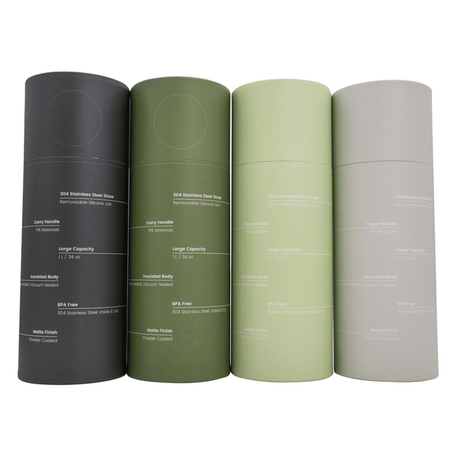 A drink bottle set featuring four colours: dark grey, green, light green, and light grey, all with a logo on the side.