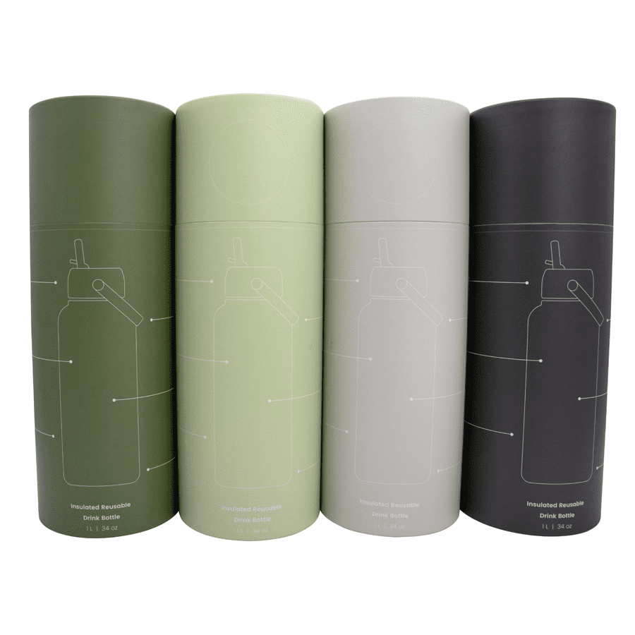 A drink bottle set featuring four colours: dark green, light green, grey, and black, with a sleek design and a logo.