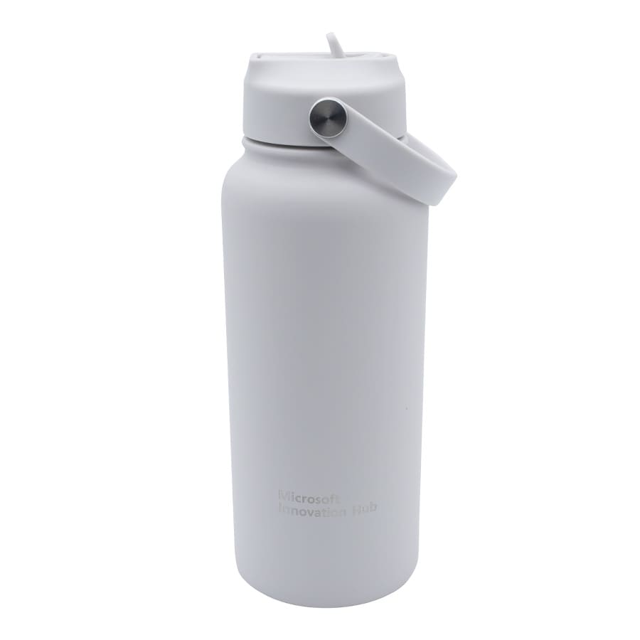 A drink bottle in white with a screw-top lid and a carrying handle, featuring a logo on the side.