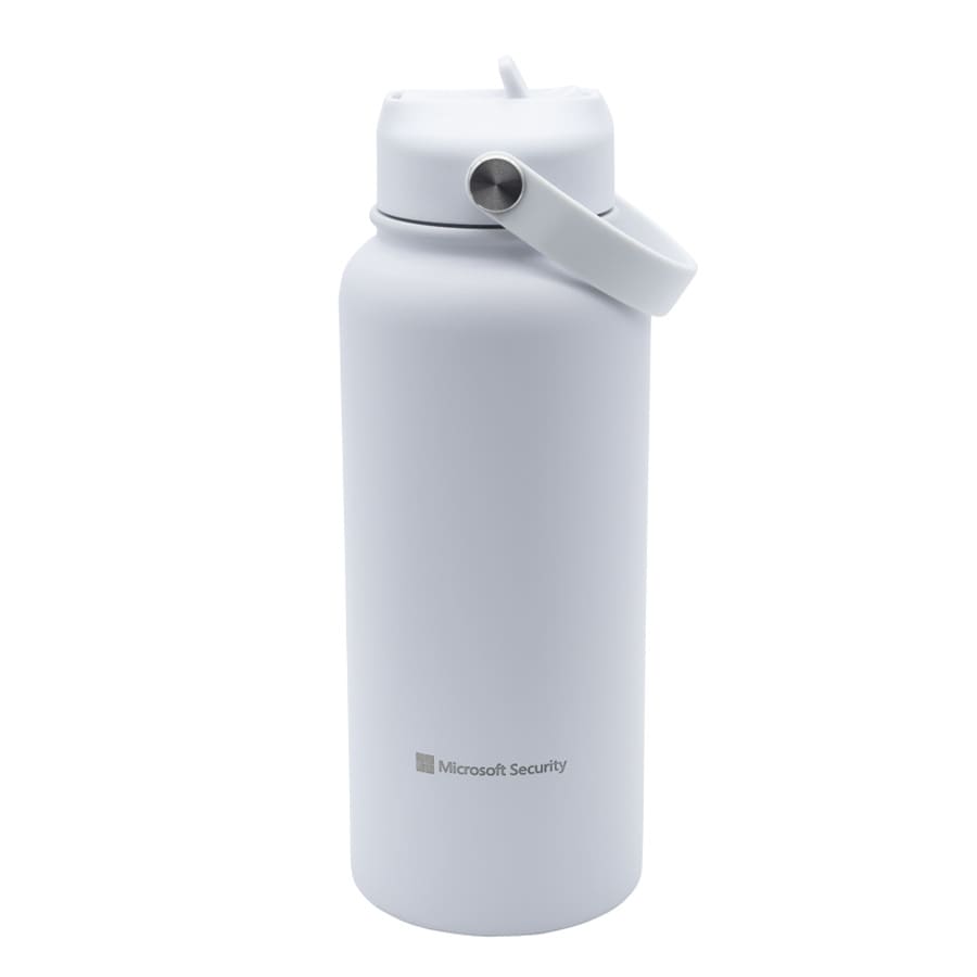 A drink bottle in white with a screw-top lid and a carrying handle. It features a brand logo on the side.