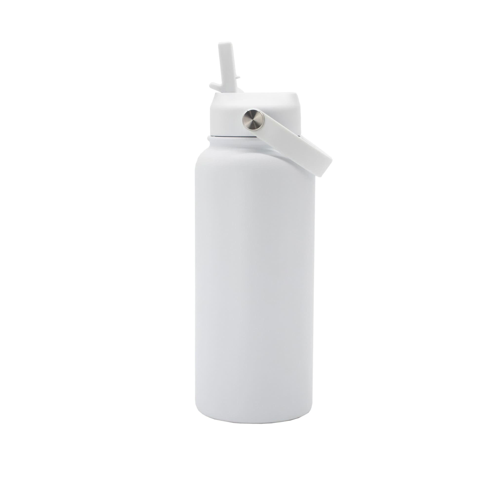 A drink bottle in white with a stainless steel lid and a flip-top spout, featuring a logo.