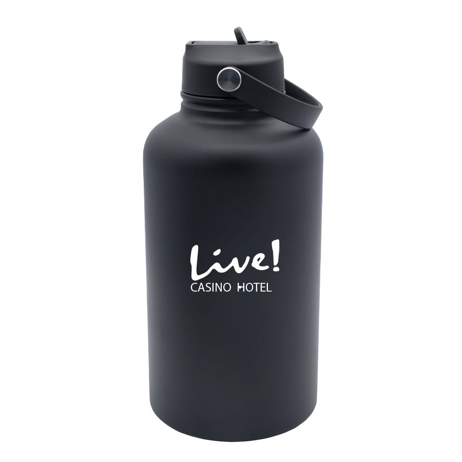 A drink bottle in matte black with a handle and a logo on the front. It has a capacity of 1.8 litres.