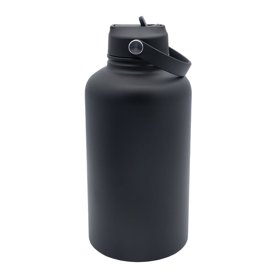 A drink bottle with a matte black finish, featuring a lid and a handle for easy carrying.