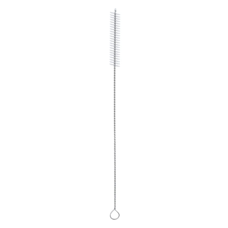 A cleaning brush with a long handle and bristles at the top, featuring a loop at the bottom for grip.