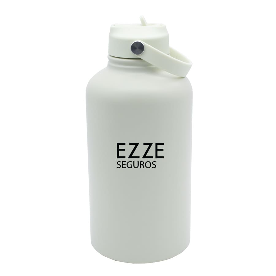 A drink bottle in white with a flip-top lid and a handle, featuring a logo on the front.