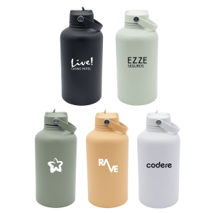A drink bottle collection featuring black, green, peach, white, and grey finishes, each with a unique logo.