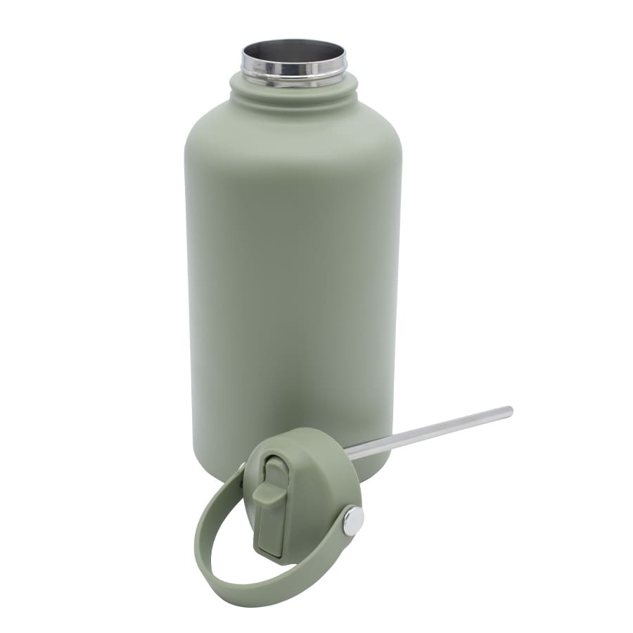 A drink bottle in a matte green finish with a stainless steel top and a detachable sip straw lid.