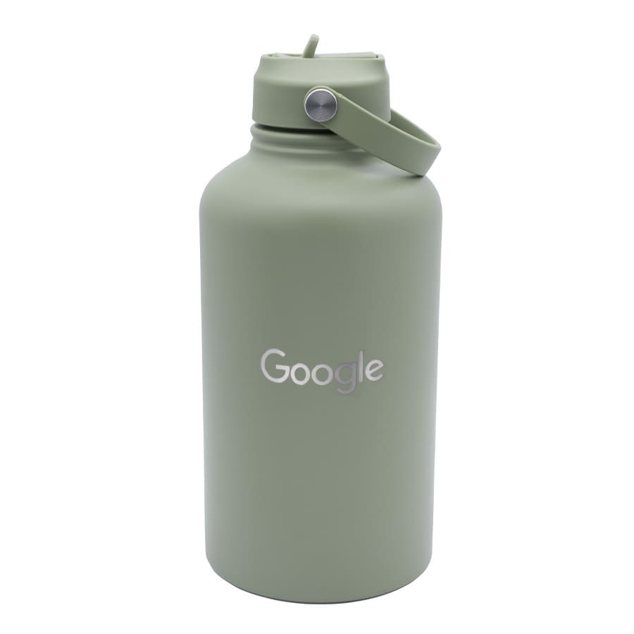 A drink bottle in a muted green colour with a silver handle and a logo on the front.