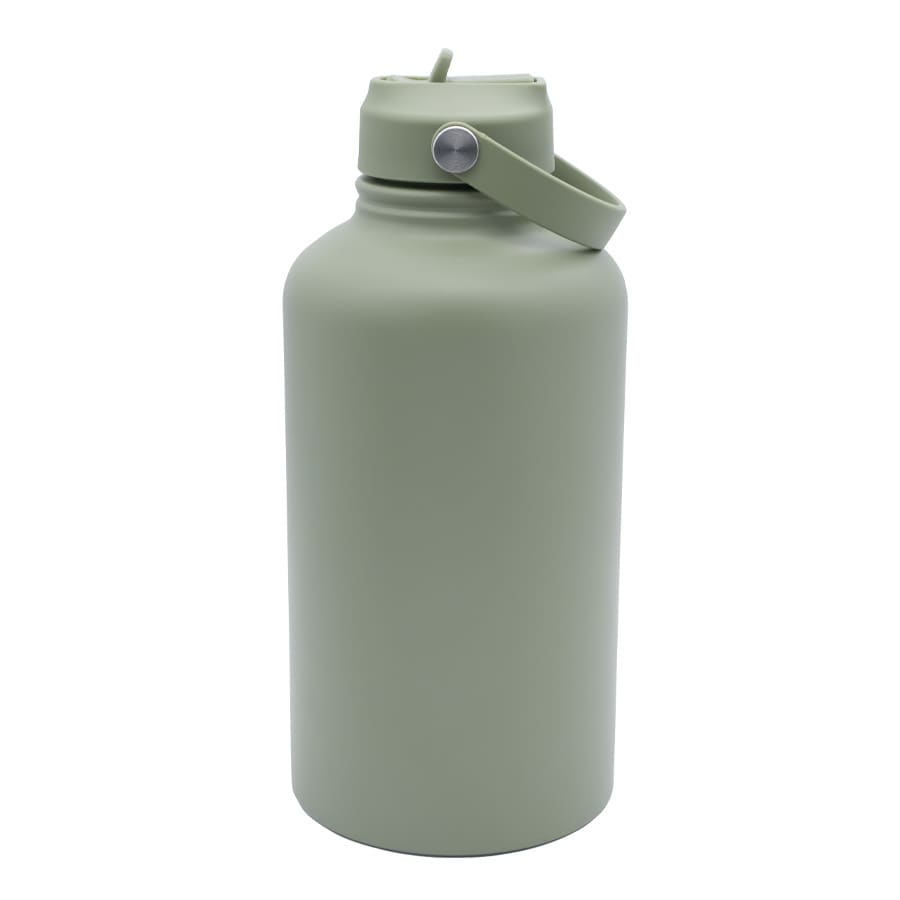 A green drink bottle with a handle and a screw-top lid. It features a simple design and a logo.