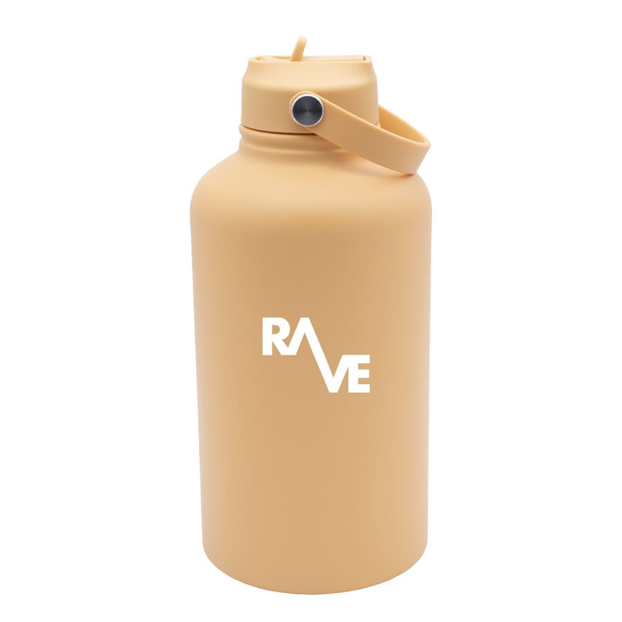 A drink bottle in a soft peach colour with a handle and a logo. Features a twist-off lid and a sturdy design.