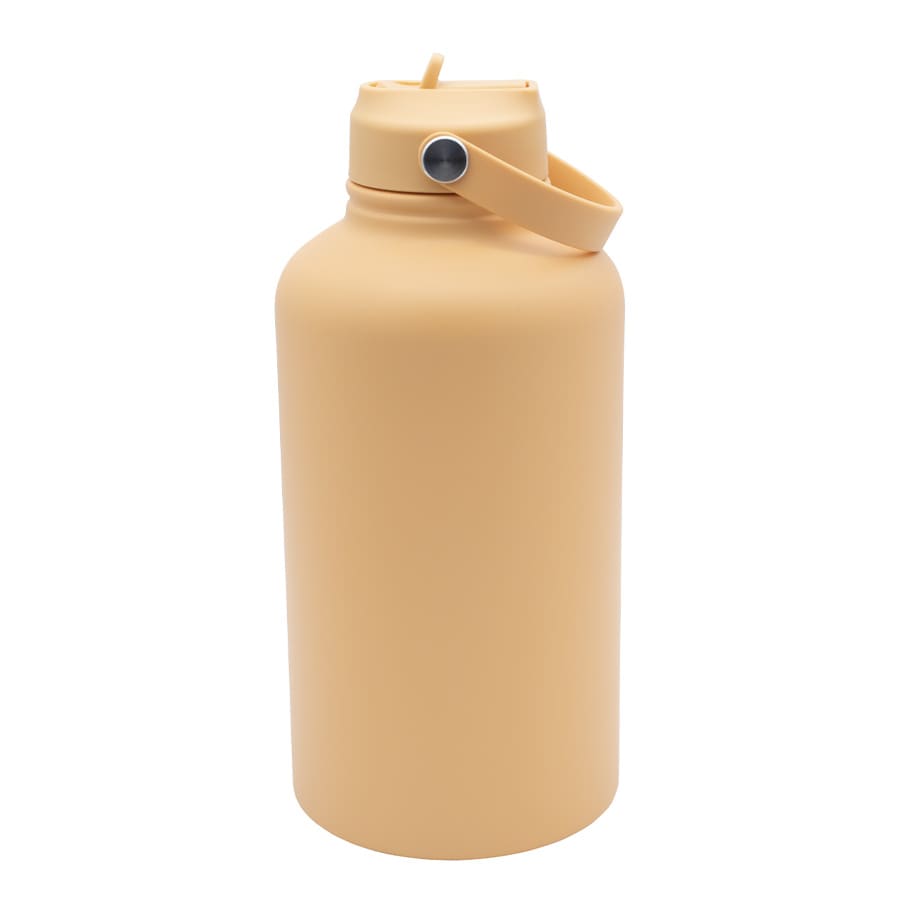 A drink bottle in a soft yellow colour with a wide mouth and a carrying handle. It features a logo.