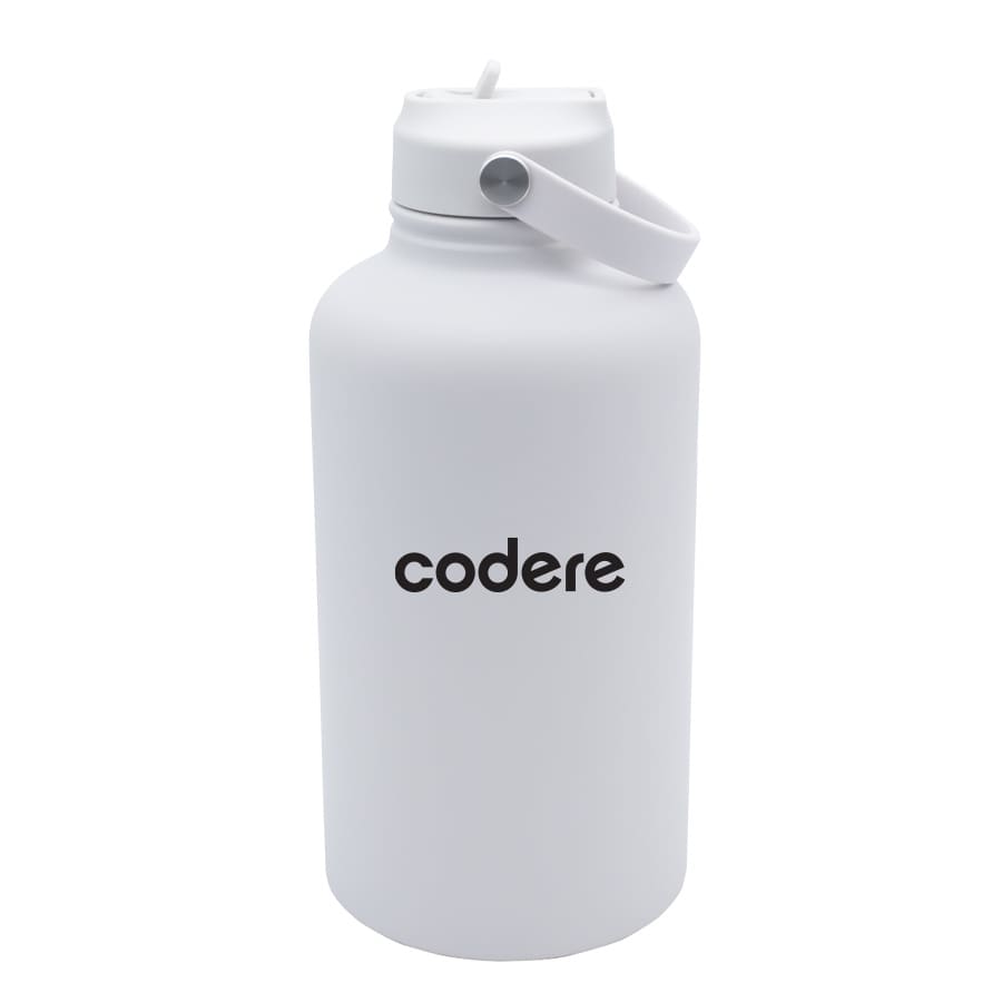 A drink bottle with a matte white finish, featuring a large opening, handle, and branding on the front.